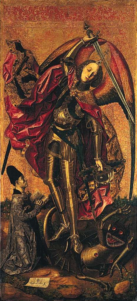 London National Gallery Next 20 01 Bartoleme Bermejo - Saint Michael Triumphant over the Devil with the Donor Antonio Juan Bartolem Bermejo - St. Michael Triumphant over the Devil with the Donor Antonio Juan, 1468, 180 x 82 cm. This picture shows part of a story from the Bible, which describes how war broke out in heaven. St. Michael, captain of Gods army of angels, fought the rebel angels led by the Devil. St. Michael is painted as a soldier with a crown on his head, carrying a sword and shield, and wearing a shiny breastplate reflecting the imaginary towers of the City of Heaven. St. Michael holds his sword ready to cut off the Devils head and points his crystal shield down towards him. The Devil is shying away in terror at the reflection of his own horrible reflection of his own horrible face. Flat on the ground like a snake, the Devils body is part snake, part bird and part dragon. He has a second mouth coming out of his stomach with two sets of hard red jewel-like eyes and a snake slithering out below Michaels feet. His torso is metallic, as if made of armour. His arms, too, combine reptile scales with metal armour, and he has toothed mouths for elbows, so he is apparently eating his own body, consuming himself.